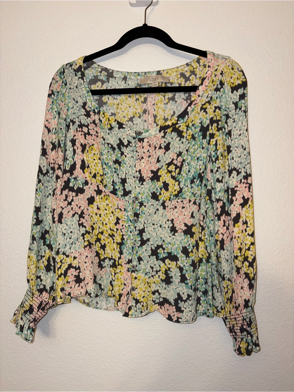 LOFT Floral Button-Front Blouse in Black, Pink, Mint, Yellow